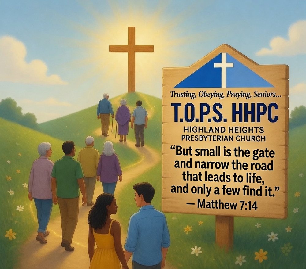 Seniors of T.O.P.S. walking a path toward the cross, beside the church sign