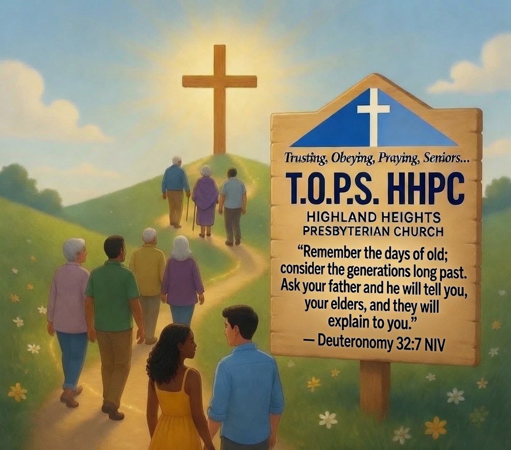 Seniors of T.O.P.S. walking a path toward the cross, beside the church sign quoting Deuteronomy 32:7
